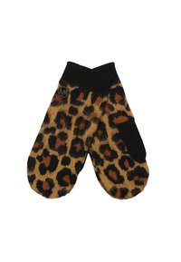 Moufles en imprimé léopard dans des teintes de beige, noir et marron. Matériau tricoté avec un poignet noir côtelé. Présente un petit logo circulaire en accent.