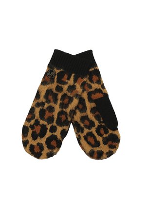 Leopard print mittens in tan, black, and brown. Knit material with a ribbed black cuff. Features a small circular logo accent.