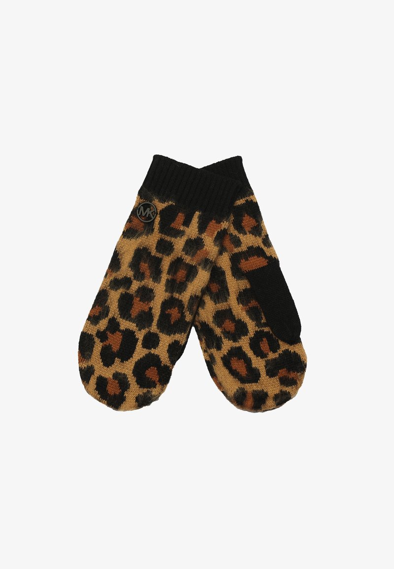 Luipaardprint wanten in tan, zwart en bruin. Gebreid materiaal met een geribbelde zwarte manchette. Voorzien van een klein rond logo-accent.