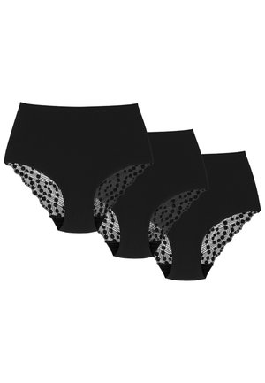 Tre sorte højtaljede dameunderbukser med halvgennemsigtige blondepaneler med prikker på siderne, lagt side om side.