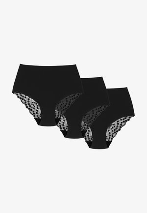Drie zwarte damesonderbroeken met een hoge taille en semi-transparante, gestippelde kanten panelen aan de zijkanten, naast elkaar gerangschikt.