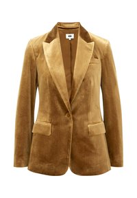 Blazer en velours marron à un seul bouton, avec revers crantés, deux poches à rabats à l'avant et une poche poitrine passepoilée, présenté sur fond blanc.