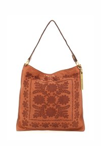 Borsa a mano in pelle marrone con ricami floreali, accenti in hardware dorato e una tracolla. Texture morbida e design a forma curva nella parte superiore.