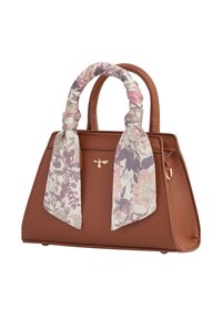 Brown leather handbag with a structured design, featuring a floral patterned scarf tied to the handles and a small gold bee emblem.