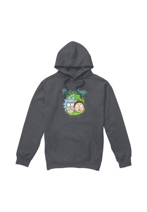 Dark gray hoodie with front pocket featuring cartoon faces of Rick and Morty and their green portal logo.