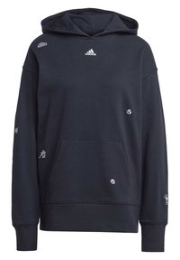 Sudadera con capucha negra de Adidas con bolsillo frontal, logo blanco de Adidas en el pecho y pequeños detalles gráficos blancos distribuidos en las mangas y el frente.