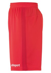 Rode sportieve shorts van lichtgewicht stof, met een mesh-paneel, elastische tailleband en verticale zijstrepen. Merklogo op het onderbeen.