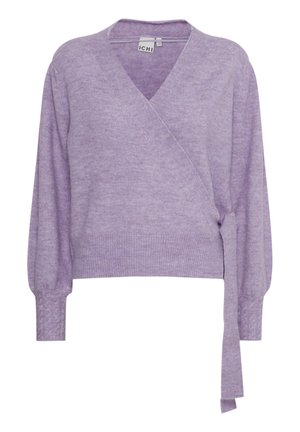 Cardigan avvolgente in lavanda realizzato in morbido tessuto a maglia, con maniche lunghe a sbuffo, un nastro in vita e un colletto a V profondo.