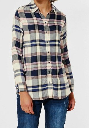 Person iført en langærmet, knappet skjorte med et stort ternet mønster i marineblå, creme, grå og pink kombineret med blå jeans.