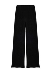 Zwarte wijde broek met een gestructureerd, geribbeld patroon. Heeft een hoge taille en een losse pasvorm, wat zorgt voor een vloeiende silhouet.