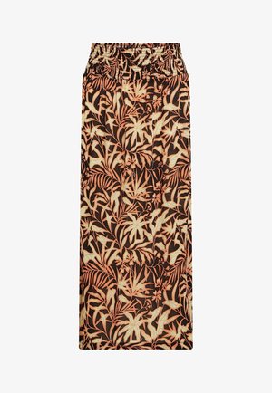 Maxirock mit elastischem Bund, versehen mit einem Muster aus orangefarbenen und beigen tropischen Blättern und Blumen auf schwarzem Hintergrund.