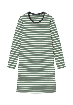 Gestreiftes Langarmkleid aus grünem und cremefarbenem Jersey-Stoff, mit einem runden Halsauschnitt und dunkelblauem Saum sowie seitlichen Taschen.