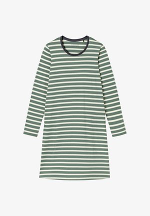 Randig långärmad klänning i grön och krämfärgad jersey, med en rundad halsringning med en mörk marinblå kant och sidofickor.