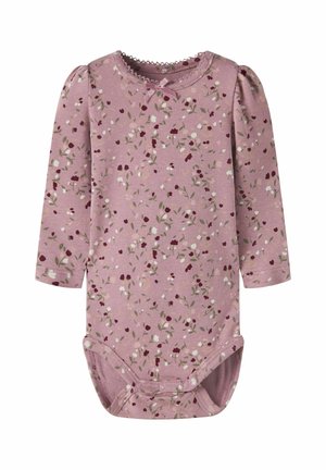Body bébé rose à manches longues avec petit imprimé floral, bordure festonnée à l'encolure et boutons-pression en bas pour le change de la couche.