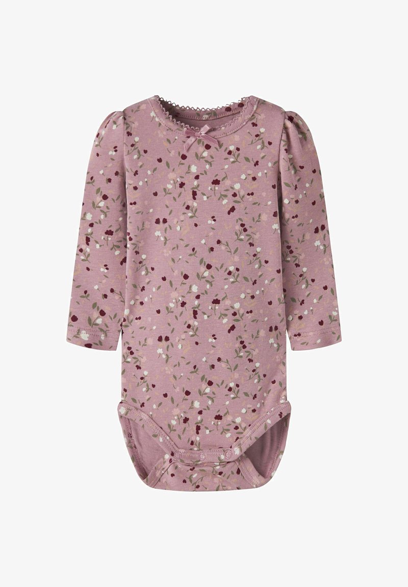 Body bébé rose à manches longues avec petit imprimé floral, bordure festonnée à l'encolure et boutons-pression en bas pour le change de la couche.