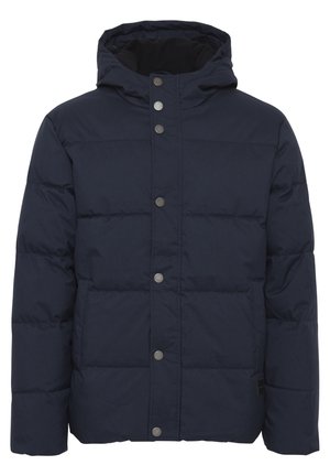 Modra puffasta jakna z kapuco, zapiranje na gumbke, prešite zasnovo in gladko, vodoodporno zunanjost.