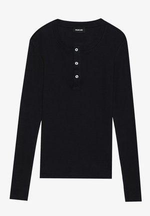 Black long-sleeve top made of soft fabric, featuring a round neckline, three-button placket, and fitted sleeves.