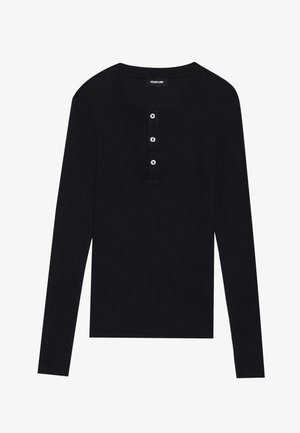 Black long-sleeve top made of soft fabric, featuring a round neckline, three-button placket, and fitted sleeves.
