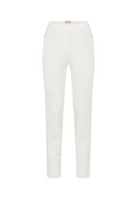 Pantalons blancs ajustés en tissu lisse. Comprend un devant plat, des poches latérales zippées et des jambes effilées pour une silhouette élégante.