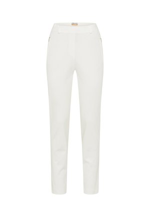 Witte slim-fit broek gemaakt van gladde stof. Heeft een rechtvoren, rits-zijzakken en taps toelopende pijpen voor een slanke silhouet.