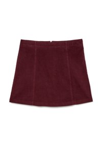 Gonna in velluto a coste bordeaux con forma svasata, dotata di cerniera sul retro e cuciture strutturate per un tocco di design aggiuntivo.