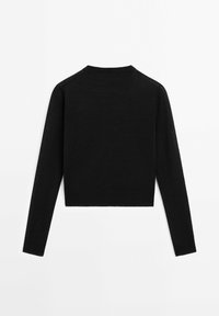Schwarzer, cropped Pullover, lange Ärmel, gerippter Rundhalsausschnitt und Saum, weicher Stoff, keine Verzierungen, minimalistisches Design, einfarbig.