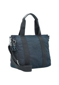 Borsa in nylon grigio scuro con superficie texturizzata, doppi manici superiori, tracolla rimovibile e un portachiavi decorativo a forma di scimmia.