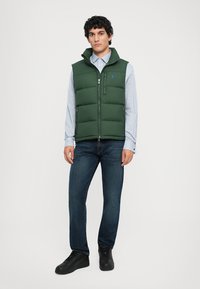 Chaleco acolchado verde con cierre de cremallera, capucha desmontable y bolsillos laterales, usado sobre una camisa a rayas azul clara y jeans oscuros. Zapatillas negras.