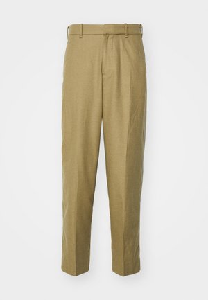 Beige bukser laget av teksturert stoff, med rett ben-design, beltehodet og frontfolder.