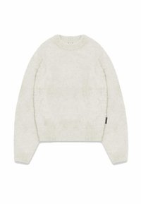 Fuzzy cream sweater with a crew neck and ribbed hem. Soft texture, featuring long sleeves and a small logo tag on the side.