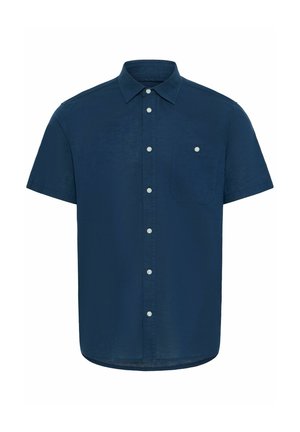 Lühikeste varrukatega tumesinine shirt, mis on valmistatud kergest kangast, tasku nupu detailiga ja nööpide ette pandud disainiga.