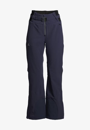 Pantalones de esquí en color azul marino, fabricados con tejido resistente al agua, que cuentan con un frente con cremallera, una cinturilla ajustable y parches de refuerzo en las rodillas.