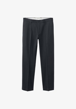 Donkere grijze broek van gladde stof. Heeft een met knopen gesloten voorkant, een rechte pijp en zijzakken. Geen zichtbare patronen of accenten.