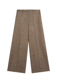 Pantalon marron à larges jambes avec plis à l'avant, passants de ceinture et poches latérales, présenté sur fond blanc.