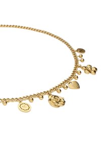 Collana in metallo dorato con un design intrecciato. Presenta ciondoli floreali e a forma di cuore, piccole perline rotonde e una finitura lucida.