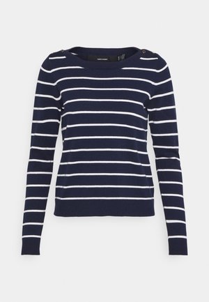 Maglione a righe blu navy con maniche lunghe, caratterizzato da righe orizzontali bianche e dettagli con bottoni dorati sulla spalla. Tessuto morbido.