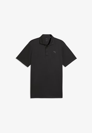 Schwarzes Poloshirt aus glattem Stoff, mit einem Kragen und einer Leiste mit drei Knöpfen. Auf der linken Brust ist ein graues Puma-Logo zu sehen.