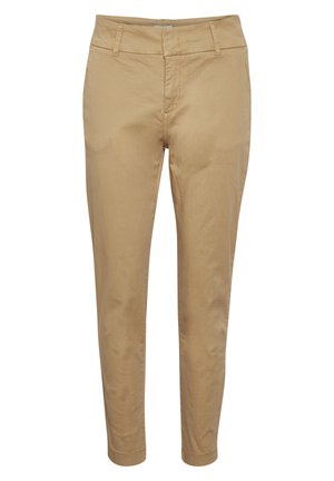 Bež chinos hlače s ozkim krojem, z ravnim sprednjim delom, zankami za pas in zoženimi hlačnicami. Narejene iz gladke mešanice bombaža.