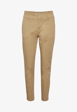 Beige chinos ar šauru piegriezumu, ar plakanu priekšpusi, jostu cilpiņām un sašaurinātiem galiem. Izgatavoti no vienmērīgas kokvilnas maisījuma auduma.