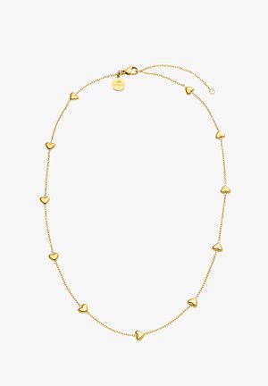 Collier délicat en chaîne d'or avec neuf petits charms en forme de cœur espacés uniformément, fermoir mousqueton et étiquette ronde de la marque Purelei près de la fermeture.