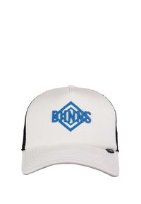 White cap with a curved visor, featuring a blue hexagonal logo "DJINNS" on the front. Black mesh sides and back give a textured contrast.