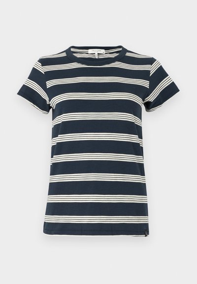 Marineblå stribet t-shirt lavet af bomuld; har korte ærmer, rund hals og hvide vandrette striber på forsiden og bagsiden.