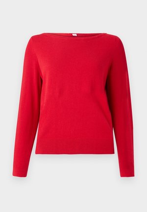 Pulover roșu cu mânecă lungă, cu un decolteu larg, margină țesută și o textură netedă. Design simplu, fără modele sau embellishments.