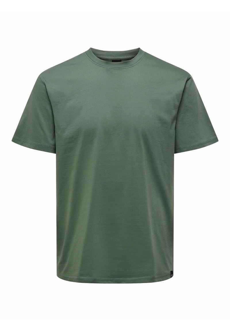 Olive green t-shirt with a crew neck, short sleeves, and a relaxed fit. Made of soft, smooth fabric with a minimalist design.