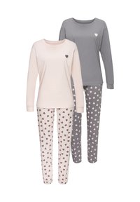 Two sets of pajamas: one light pink with small brown hearts, one gray with light pink hearts. Both feature long sleeves and pants. Soft fabric.