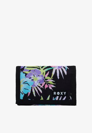 Black fabric wallet with colorful tropical floral print and Roxy brand logo on front flap.