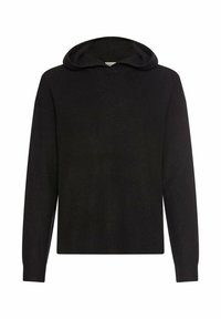 Zwarte hoodie gemaakt van ribbelstof, met lange mouwen en een ontspannen pasvorm. Eenvoudig ontwerp zonder versieringen.
