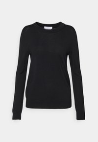 Černý svetr s dlouhým rukávem vyrobený z měkké látky, s kulatým výstřihem a přiléhavými manžetami, s hladkou texturou a jednoduchým designem.