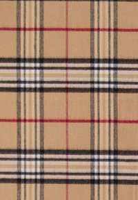 Tessuto beige con un classico motivo tartan caratterizzato da linee nere, rosse e crema, creando un aspetto strutturato tipico del materiale in lana.
