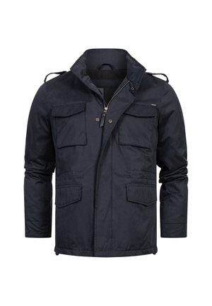 Navy blue jacket made of textured fabric with a zip front, large chest pockets, side pockets, and adjustable collar strap details.